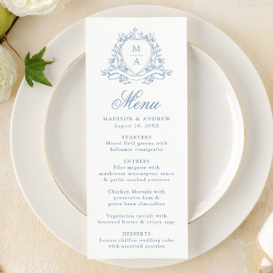 Elegant Blue Floral Crest Monogram Wedding Menu