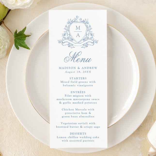 Elegant Blue Floral Crest Monogram Wedding Menu (Creator Uploaded)