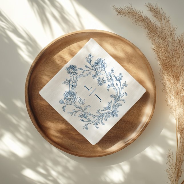 Elegant Blue Floral Crest Monogram Wedding Napkins (Creator Uploaded)