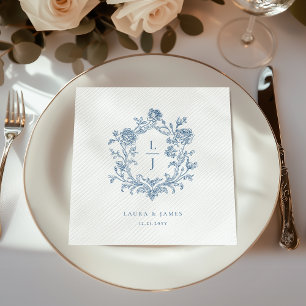 Elegant Blue Floral Crest Monogram Wedding Napkins
