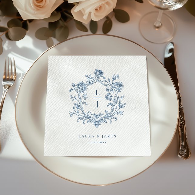 Elegant Blue Floral Crest Monogram Wedding Napkins (Creator Uploaded)
