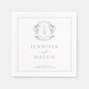 Elegant Blue Floral Crest Monogram Wedding Napkins