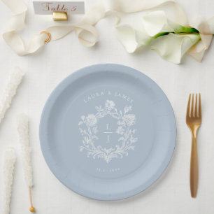 Elegant Blue Floral Crest Monogram Wedding Paper Plates