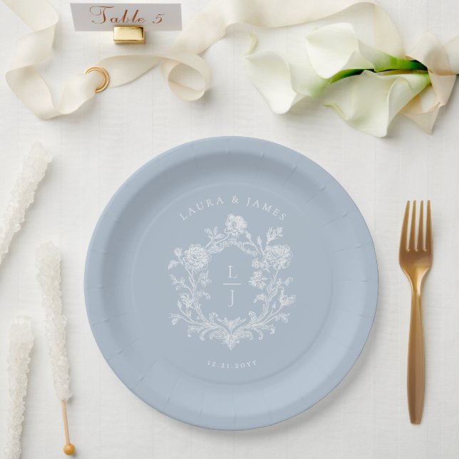 Elegant Blue Floral Crest Monogram Wedding Paper Plates (Wedding)