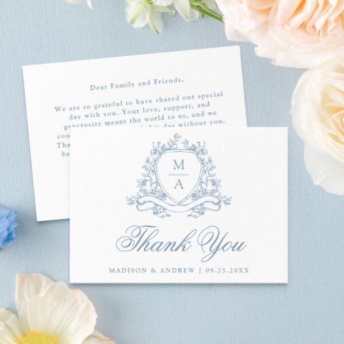 Elegant Blue Floral Crest Monogram Wedding Thank You Card