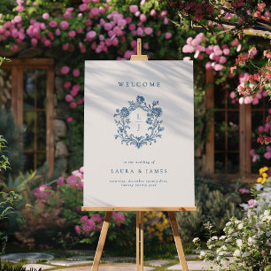 Elegant Blue Floral Crest Monogram Wedding Welcome Foam Board