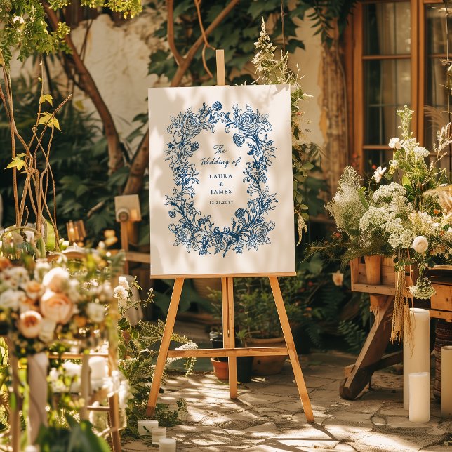 Elegant Blue Floral Crest Monogram Wedding Welcome Foam Board (Creator Uploaded)