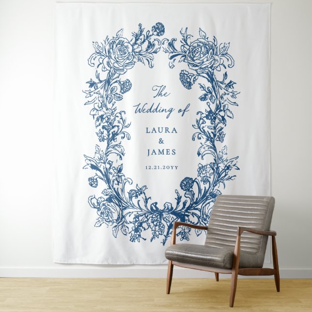 Elegant Blue Floral Crest Monogram Wedding Welcome Tapestry (In Situ)