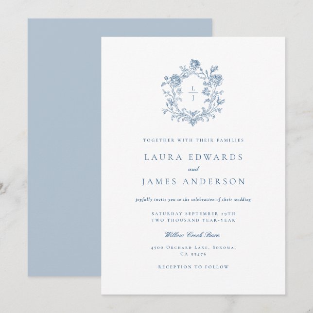 Elegant Blue Floral Crest Striped Back Wedding Invitation (Front/Back)