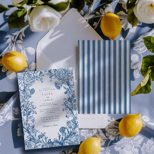 Elegant Blue Floral Crest Striped Back Wedding Invitation