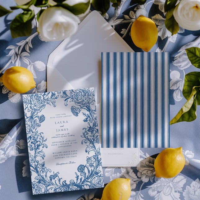 Elegant Blue Floral Crest Striped Back Wedding Invitation (Creator Uploaded)