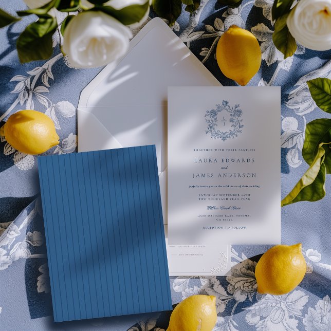 Elegant Blue Floral Crest Striped Back Wedding Invitation (Creator Uploaded)