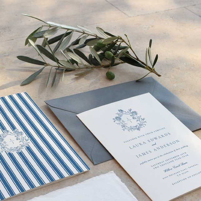 Elegant Blue Floral Crest Striped Back Wedding Invitation (Creator Uploaded)
