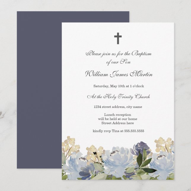 Elegant Blue Floral Cross Baptism Invitation (Front/Back)