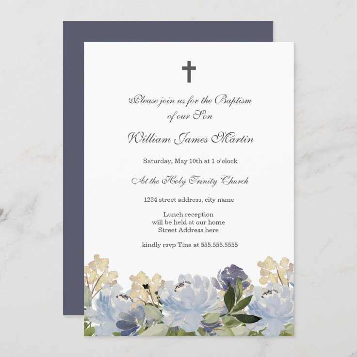 Elegant Blue Floral Cross Baptism Invitation | Zazzle