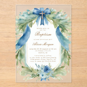 Elegant Blue Floral Cross Baptism Invitation