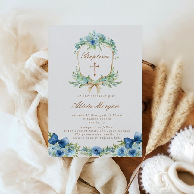 Elegant Blue Floral Cross Baptism Invitation (Creator Uploaded)