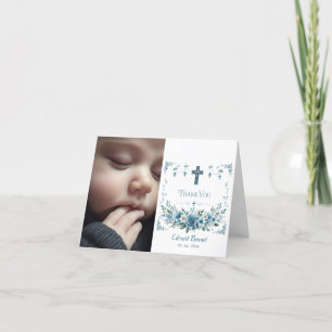 Elegant Blue Floral Cross Baptism Letterpress Thank You Card