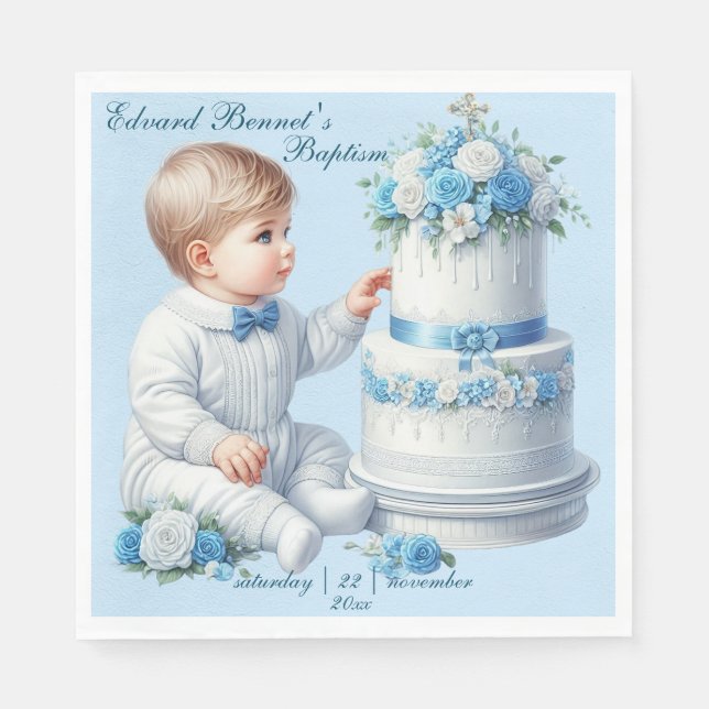 Elegant Blue Floral Cross Baptism Napkins (Front)