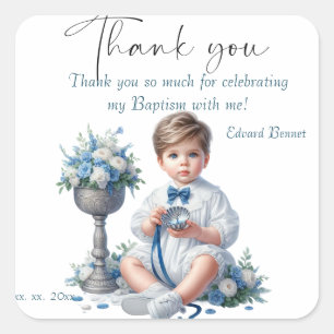 Elegant Blue Floral Cross Baptism Square Sticker