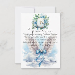 Elegant Blue Floral Cross Baptism Thank You Card