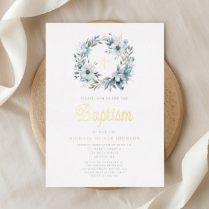 Elegant Blue Floral Cross Boy Baptism Foil Invitation