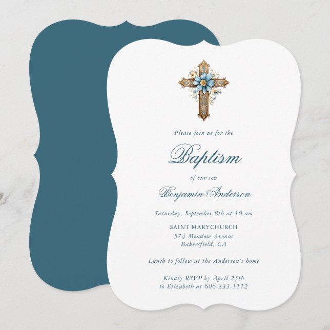 Elegant Blue Floral Cross Boy Baptism Invitation (Front/Back)