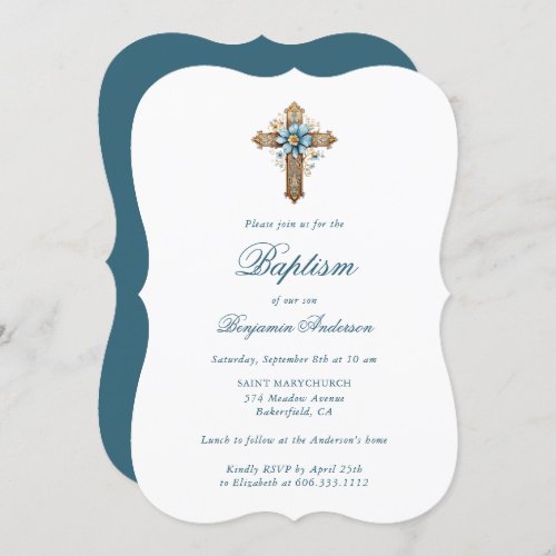 Elegant Blue Floral Cross Boy Baptism Invitation