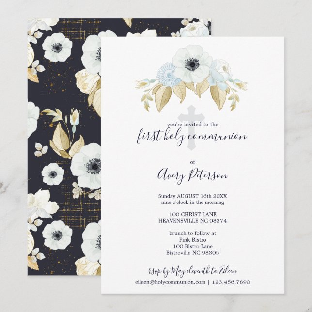 Elegant Blue Floral Cross First Holy Communion Invitation (Front/Back)