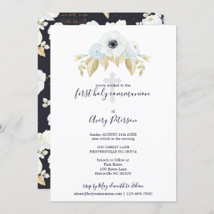 Elegant Blue Floral Cross First Holy Communion Invitation