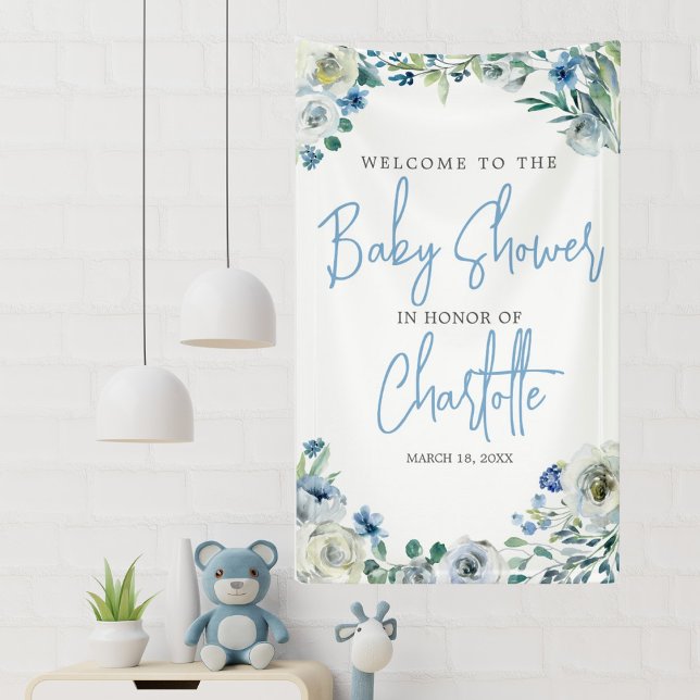 Elegant Blue Floral Custom Baby Shower Banner (Creator Uploaded)