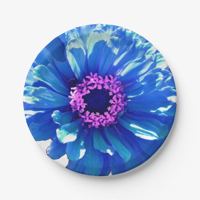 Elegant blue floral daisy zinnia dahlia paper plates (Front)