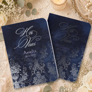 Elegant blue floral damask wedding silver foil vow books