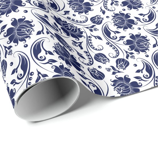 Elegant Blue Floral Damasks White Background Wrapping Paper
