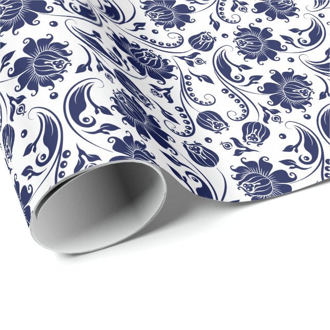 Elegant Blue Floral Damasks White Background Wrapping Paper (Roll Corner)