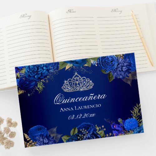 Elegant Blue Floral Diamond Tiara Quinceanera Guest Book