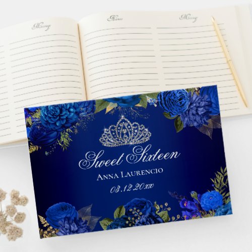 Elegant Blue Floral Diamond Tiara Sweet Sixteen Guest Book