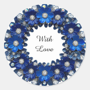 Elegant Blue Floral Diamond Wreath Classic Round Sticker