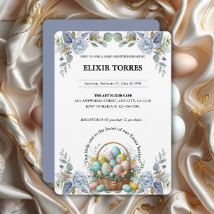 Elegant Blue Floral Easter Egg Basket Baby Shower Invitation