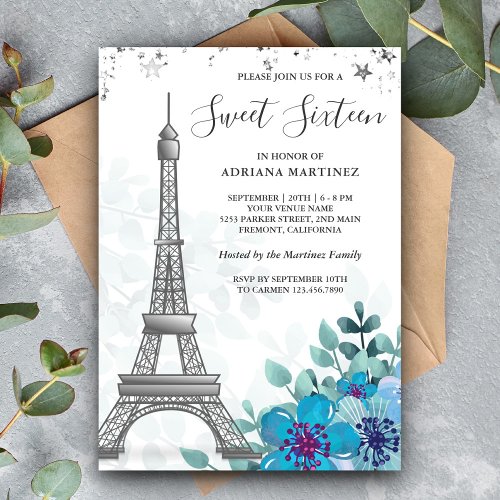 Elegant Blue Floral Eiffel Tower Sweet Sixteen Invitation