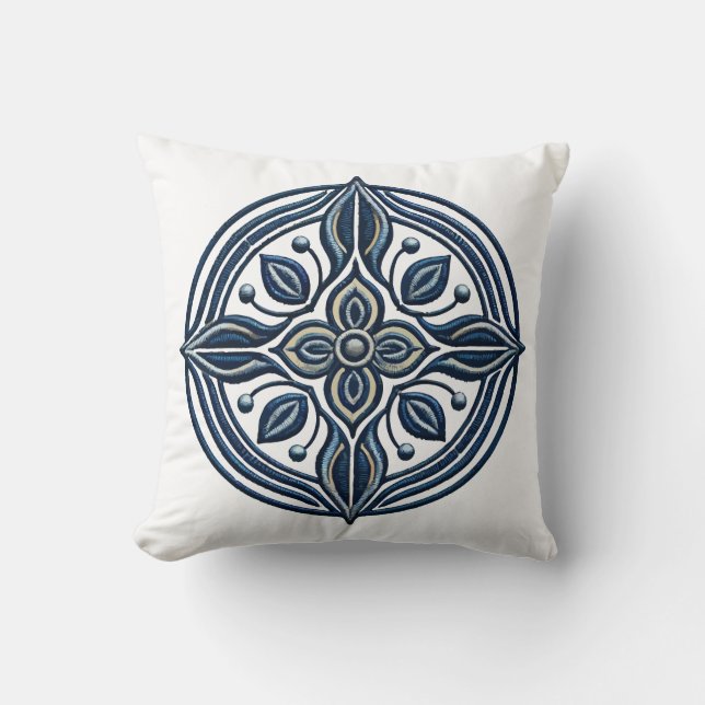 Elegant Blue Floral Embroidery Design Throw Pillow (Front)