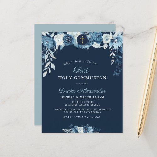 Elegant blue floral first communion invitation