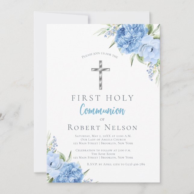 Elegant Blue Floral First Holy Communion Invitation (Front)