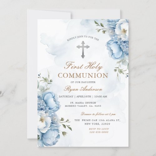 Elegant Blue Floral First Holy Communion  Invitation
