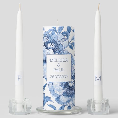 Elegant Blue Floral Flower Personalized Classic Unity Candle Set