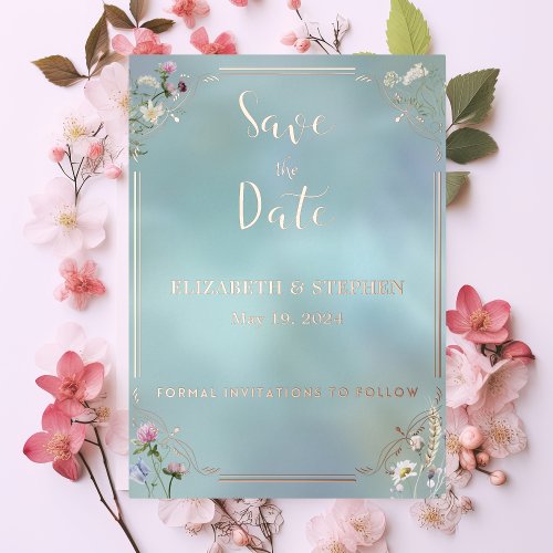 Elegant Blue Floral Foil Save the Date Card