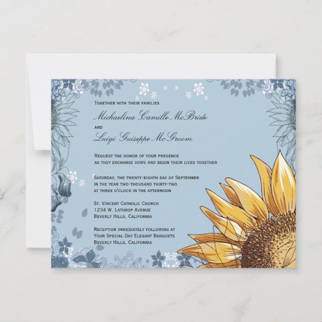 Elegant Blue Floral Formal Wedding Invite (Front)