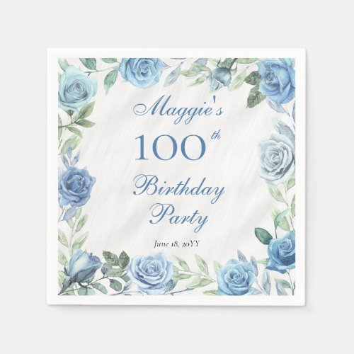 Elegant Blue Floral Frame 100th Birthday Party Napkins