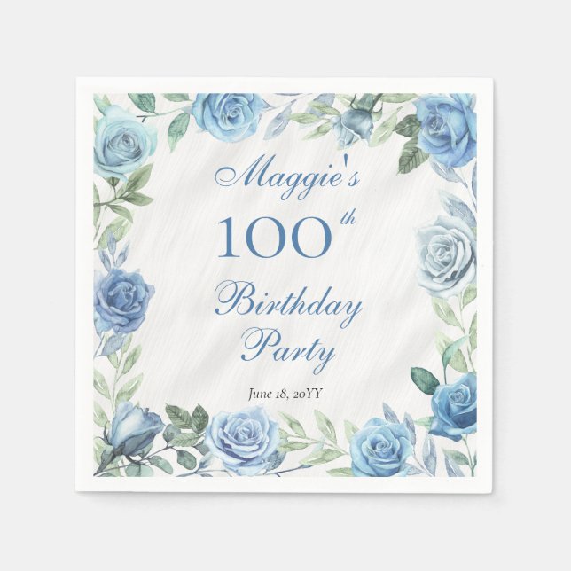 Elegant Blue Floral Frame 100th Birthday Party Napkins (Front)