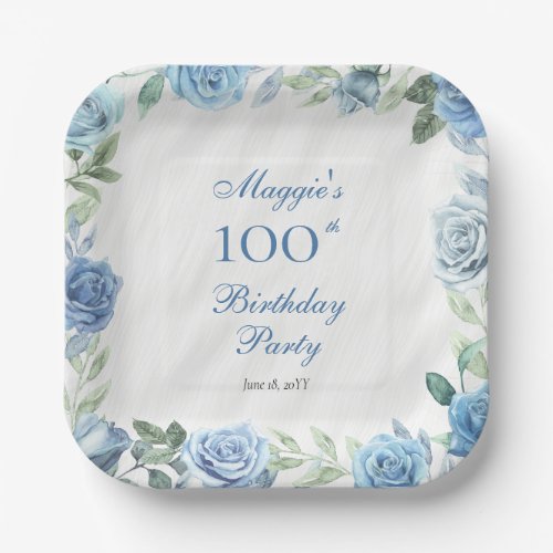 Elegant Blue Floral Frame 100th Birthday Party Paper Plates